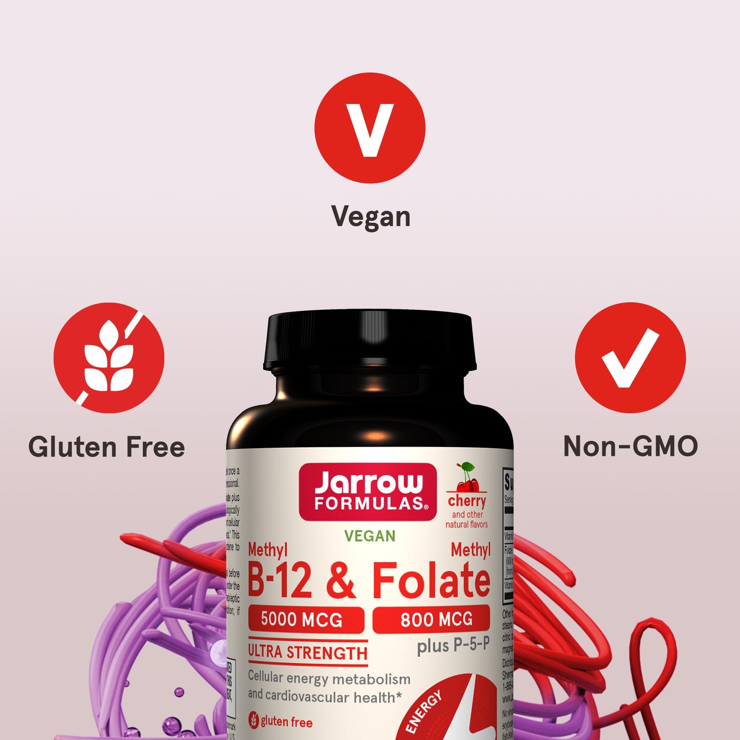 Jarrow Formulas Ultra Strength Methyl B-12 5000 mcg & Methyl Folate 800 mcg + P-5-P, Dietary Supplement for Cellular Energy Metabolism and Cardiovascular Support, 60 Chewable Tablets, 60 Day Supply - Nirvana Guru