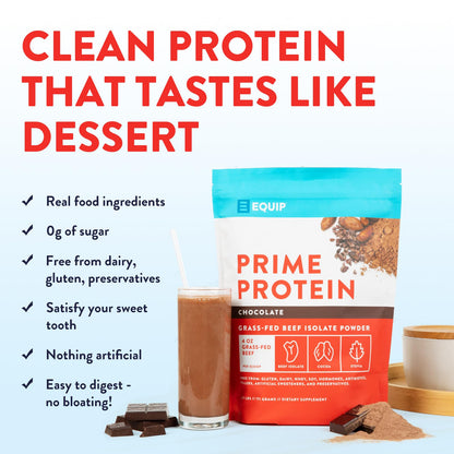 Equip Foods Prime Protein Powder | Clean, Grass Fed Beef Protein Isolate | Carnivore Protein Powder | Paleo, Keto Friendly | Gluten, Dairy Free | Helps Build & Repair Tissue | 30 Servings, Chocolate