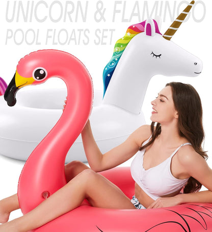 Inflatable Unicorn Flamingo Pool Floats - Jasonwell 2 Pack Pool Floaties Inflatables Rafts for Swimming Pool Tubes for Floating Lake Beach Floaty Swim Rings Pool Party Toys for Adults Kids Nirvana Guru
