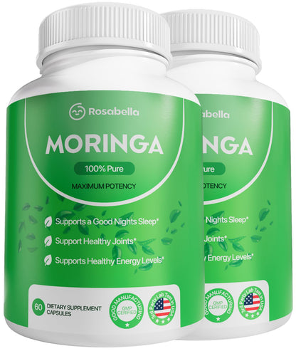 Rosabella Moringa Capsules - Pure Moringa Powder, Energy, Skin, Immune & Gut Health Superfood, Rich in Antioxidants, Essential Vitamins & Amino Acids, Natural Green Superfood Supplement - 60 Count
