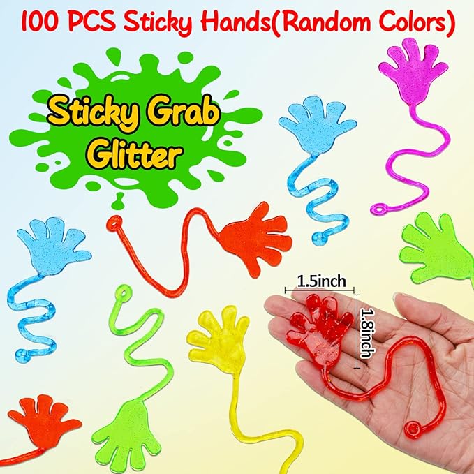 100PCS Glitter Sticky Hands Party Favors for Kids 4-8 8-12 Birthday Supplies Halloween Goodie Bag Stuffers Classroom Treasure Box Carnival Prizes Bulk Treat Trinkets Pinata Stuff Mini Stretchy Toys nirvanaguru