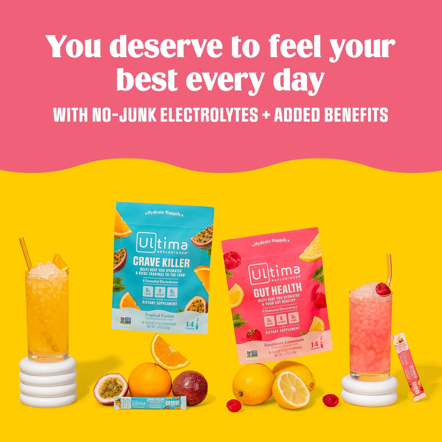 Ultima Replenisher Gut Health Supplement and Electrolytes Powder - Raspberry Lemonade, 14 Stickpacks - Hydration Packets with Added Gut Health Benefits - Nirvana Guru