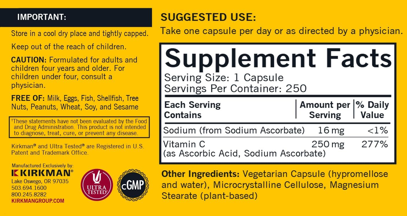 Kirkman – Vitamin C 250 mg - Hypo - 250 Capsules - Nirvana Guru