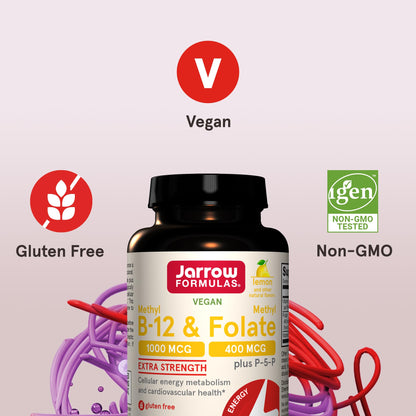 Jarrow Formulas Extra Strength Methyl B-12 1000 mcg & Methyl Folate 400 mcg + P-5-P, Dietary Supplement for Cellular Energy Metabolism and Cardiovascular Support, 100 Chewable Tablets, 100 Day Supply - Nirvana Guru
