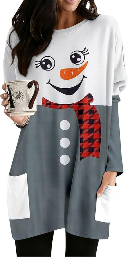 MOUSYA Women Dress Shirt Christmas Long Sleeve Tops Santa Printed Pullover Loose Plus Size T-Shirt Blouse with Pockets nirvanaguru