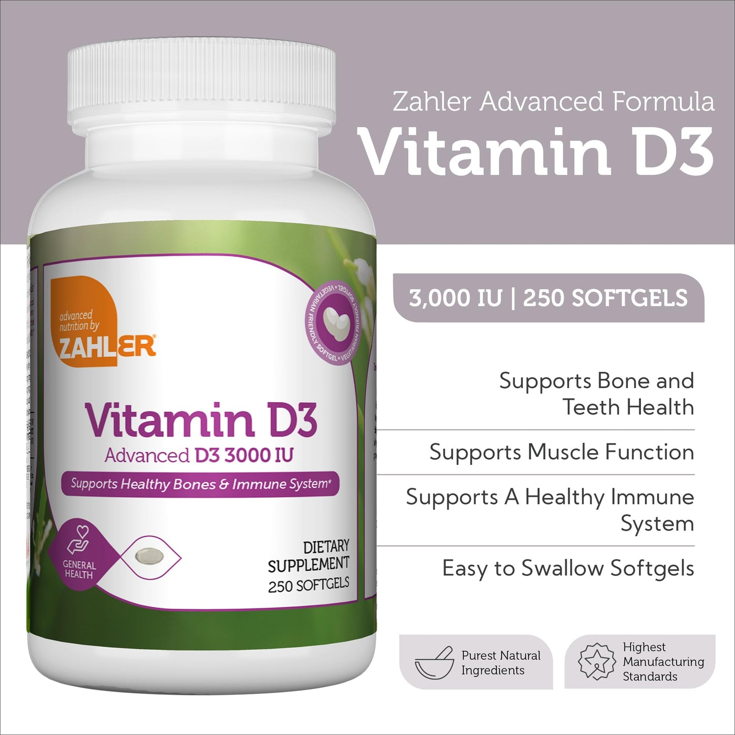 Zahler Vitamin D3 3000IU, Vitamin D3 Supplement 3,000 IU, Certified Kosher (250 Softgels) - Nirvana Guru