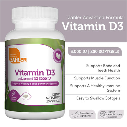 Zahler Vitamin D3 3000IU, Vitamin D3 Supplement 3,000 IU, Certified Kosher (250 Softgels) - Nirvana Guru