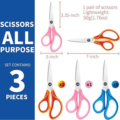 7" Student Scissors Set of 3-pack,Pointed Tip Blades,Kids Scissors Ages 8-10 8-12 8-16 for School Crafting Project,Great for DIY, Arts, Home, Red/Pink/Blue nirvanaguru