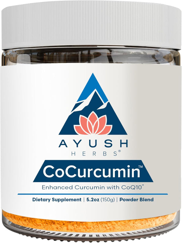 Ayush Herbs CoCurcumin - Turmeric Powder, Curcumin Powder with Black Pepper, CoQ10, MCT Oil for Glowing Skin, Joint, Muscle, and Gut Health - 4.2 Oz Jar (30 Servings) Nirvana Guru