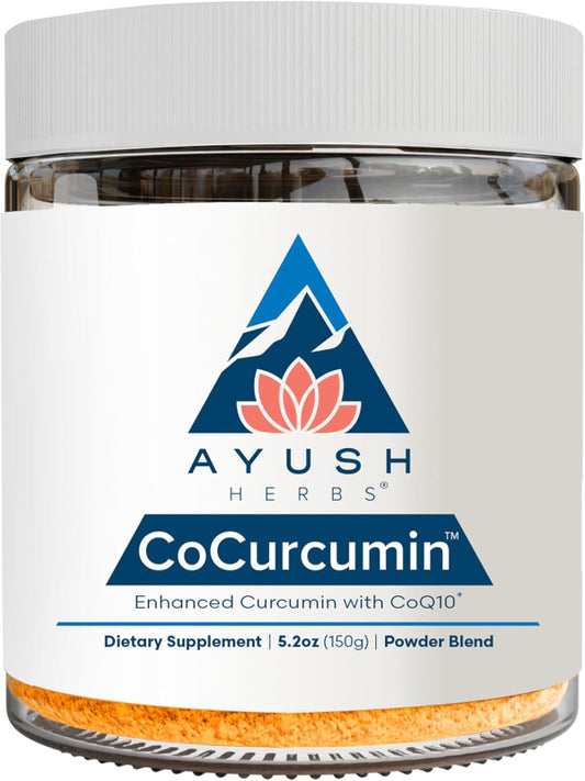 Ayush Herbs CoCurcumin - Turmeric Powder, Curcumin Powder with Black Pepper, CoQ10, MCT Oil for Glowing Skin, Joint, Muscle, and Gut Health - 4.2 Oz Jar (30 Servings) Nirvana Guru