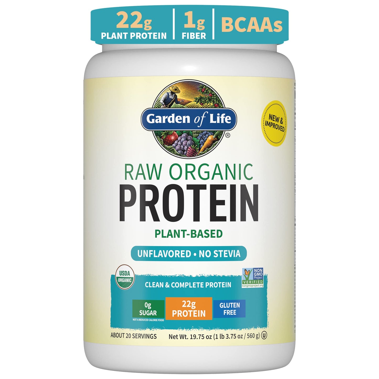 Organic Vegan Unflavored Protein Powder, Garden of Life 22g Plant Based Protein & BCAAs, Organic Protein Powder with Probiotics & Enzymes, Non-GMO, Gluten-Free Lactose Free 1.2 LB - Nirvana Guru