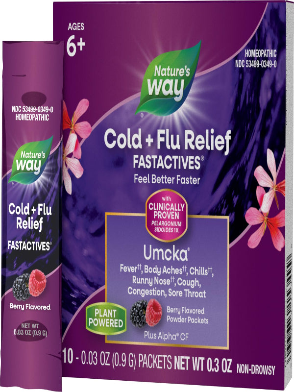 Nature's Way Cold + Flu Relief FastActives, Umcka, Homeopathic, Fever*, Sore Throat, Cough, Congestion, Body Aches*, Phenylephrine Free, Non-Drowsy, Berry Flavored, 10 Packets (Packaging May Vary) - Nirvana Guru