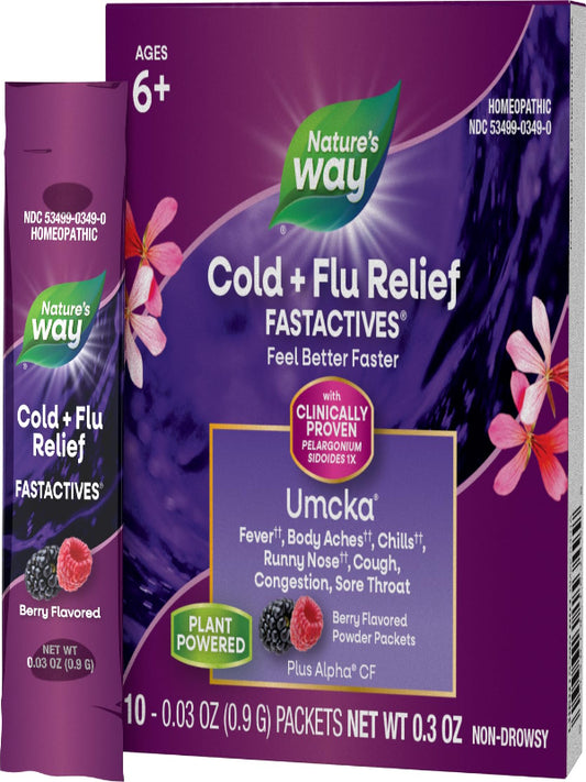 Nature's Way Cold + Flu Relief FastActives, Umcka, Homeopathic, Fever*, Sore Throat, Cough, Congestion, Body Aches*, Phenylephrine Free, Non-Drowsy, Berry Flavored, 10 Packets (Packaging May Vary) - Nirvana Guru