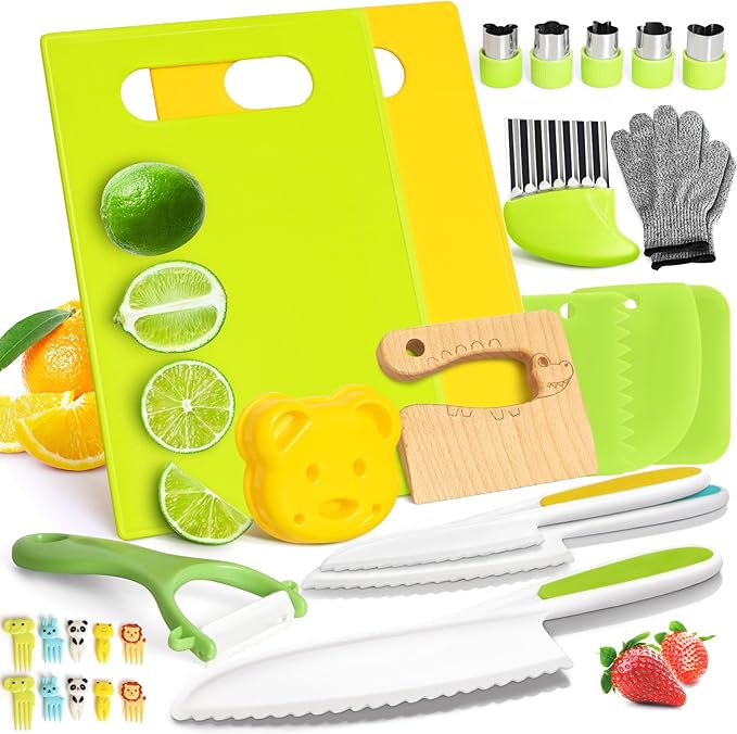 28PCS Toddler Knife Set - Kids Knifes for Real Cooking, Montessori Kids Kitchen Knife Set with Cutting Board Crinkle Cutters Kid Safe Knives, Toddlers Kitchen Tools for Age 2-10 Year Old Girl Boy nirvanaguru