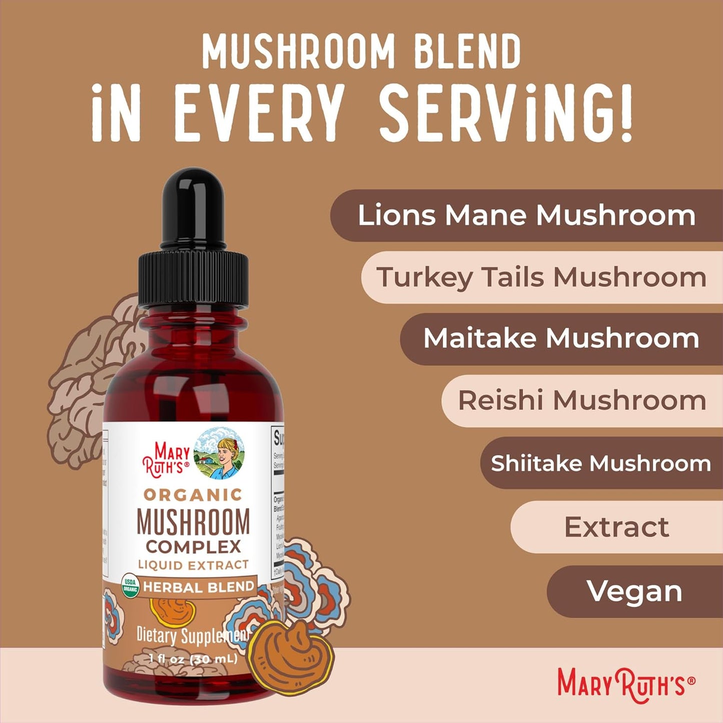 MaryRuth Organics USDA Mushroom Complex | Herbal Liquid Drops | Supplement | Lion's Mane | Reishi Mushroom | Shiitake Mushrooms | Non-GMO | Vegan | Alcohol Free Tincture | 30 Servings - Nirvana Guru