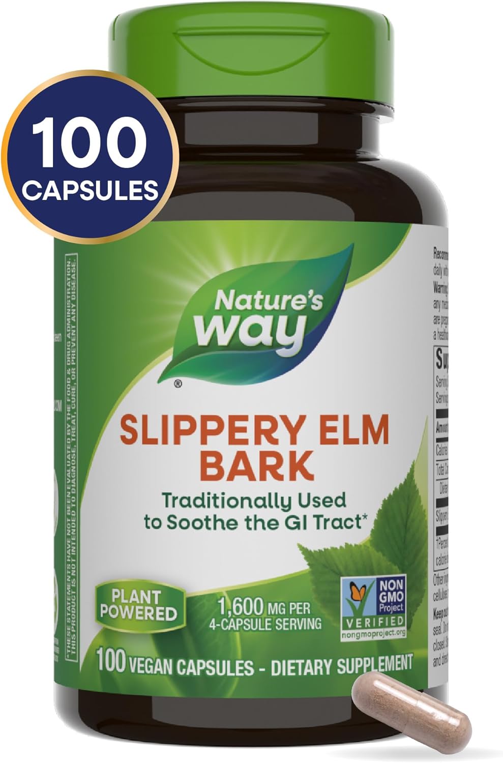 Nature's Way Slippery Elm Bark, Traditional Support to Soothe the GI Tract*, Vegan, 100 Capsules - Nirvana Guru