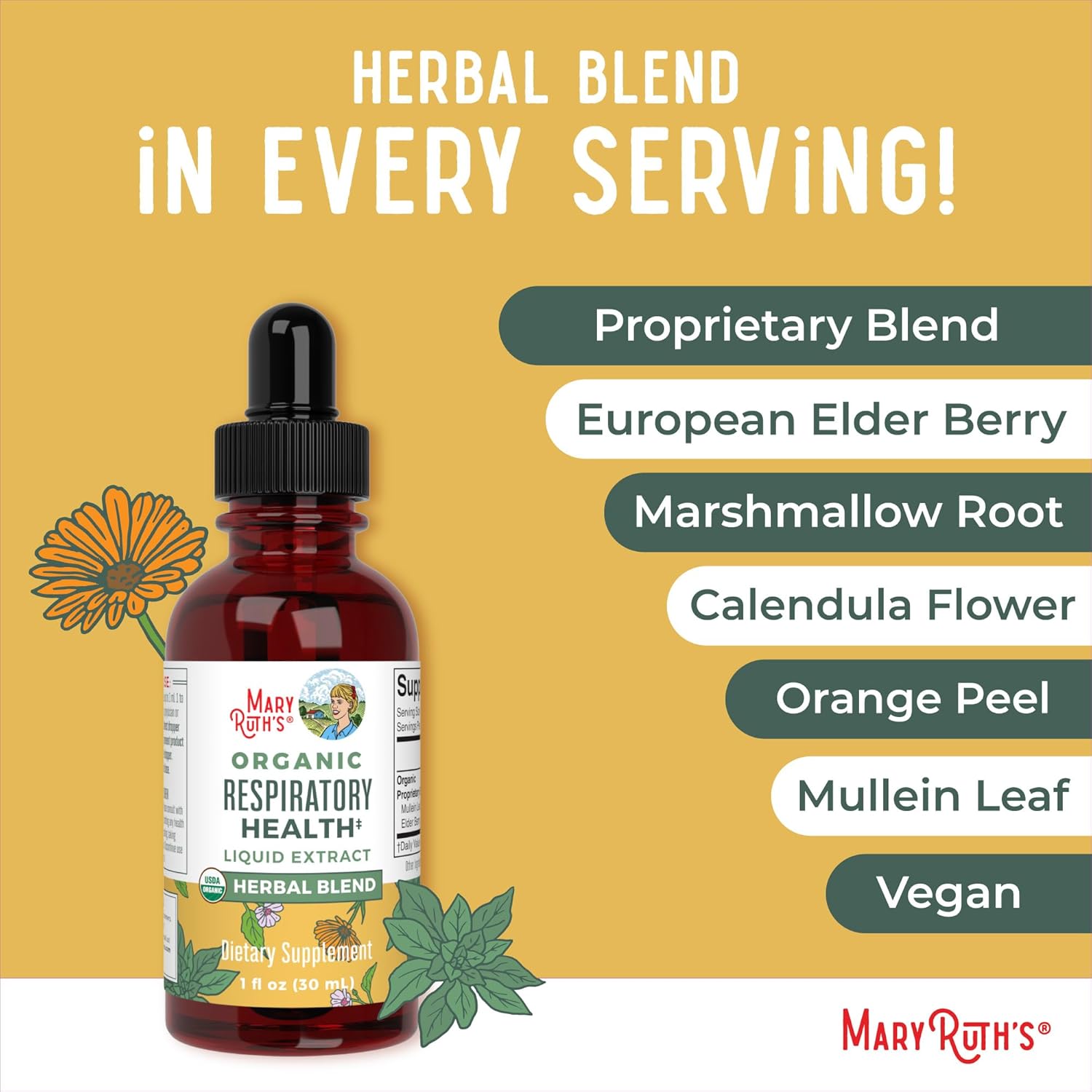 MaryRuth Organics USDA Organic Respiratory Health Liquid Drops with Mullein Leaf | Marshmallow Root & Elderberry | Mullein Drops for Lungs Herbal Blend | Immune Support Supplement | Vegan | 1 Fl Oz - Nirvana Guru