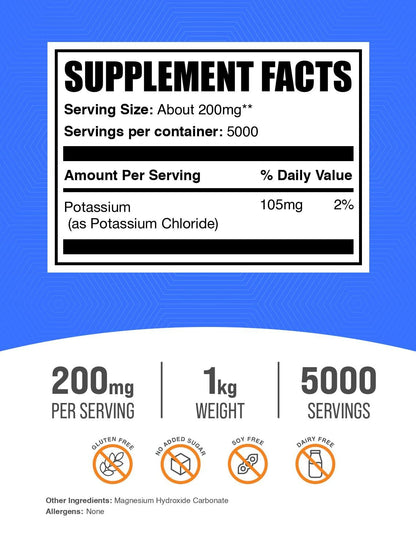 BulkSupplements.com Potassium Chloride Powder - Salt Substitute, Potassium Salt - Gluten Free, 200mg per Serving, 1kg (2.2 lbs) (Pack of 1) Nirvana Guru