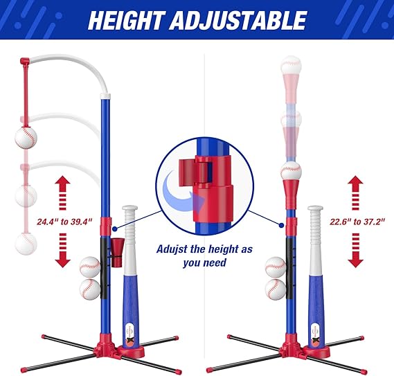 3-in-1 Baseball Set for Kids 3-5 - Tee Ball Stand, Hanging Tee, Ball Launcher and 6 Softballs - Adjustable Height, Indoor/Outdoor Sport Gifts for Boys Girls, Blue nirvanaguru