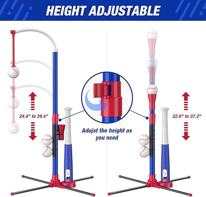 3-in-1 Baseball Set for Kids 3-5 - Tee Ball Stand, Hanging Tee, Ball Launcher and 6 Softballs - Adjustable Height, Indoor/Outdoor Sport Gifts for Boys Girls, Blue nirvanaguru