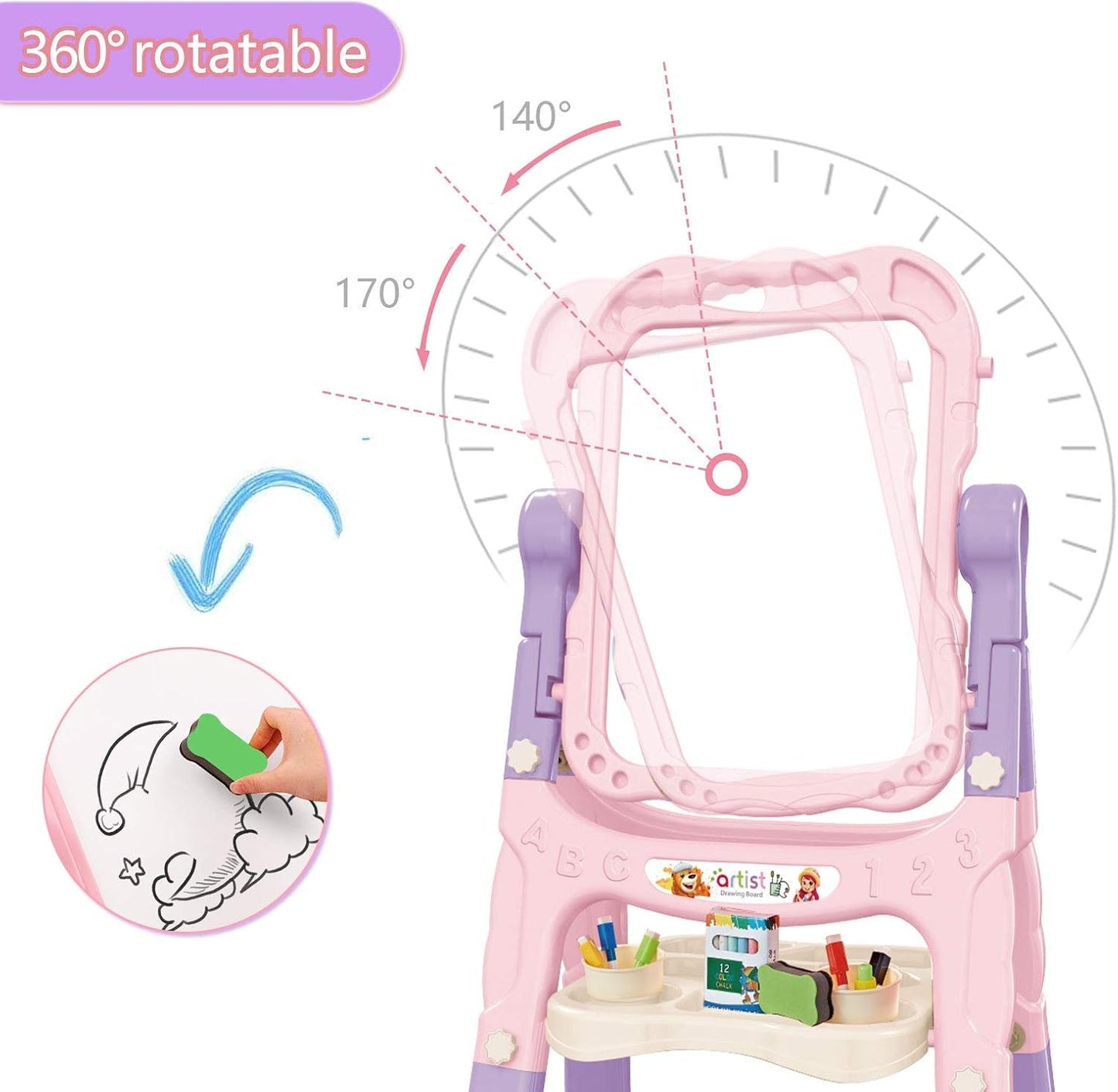 Art Easel for Kids, Adjustable Standing Rotatable Double Sided Easel with Painting Accessories for Toddlers Boys and Girls-Pink Nirvana Guru