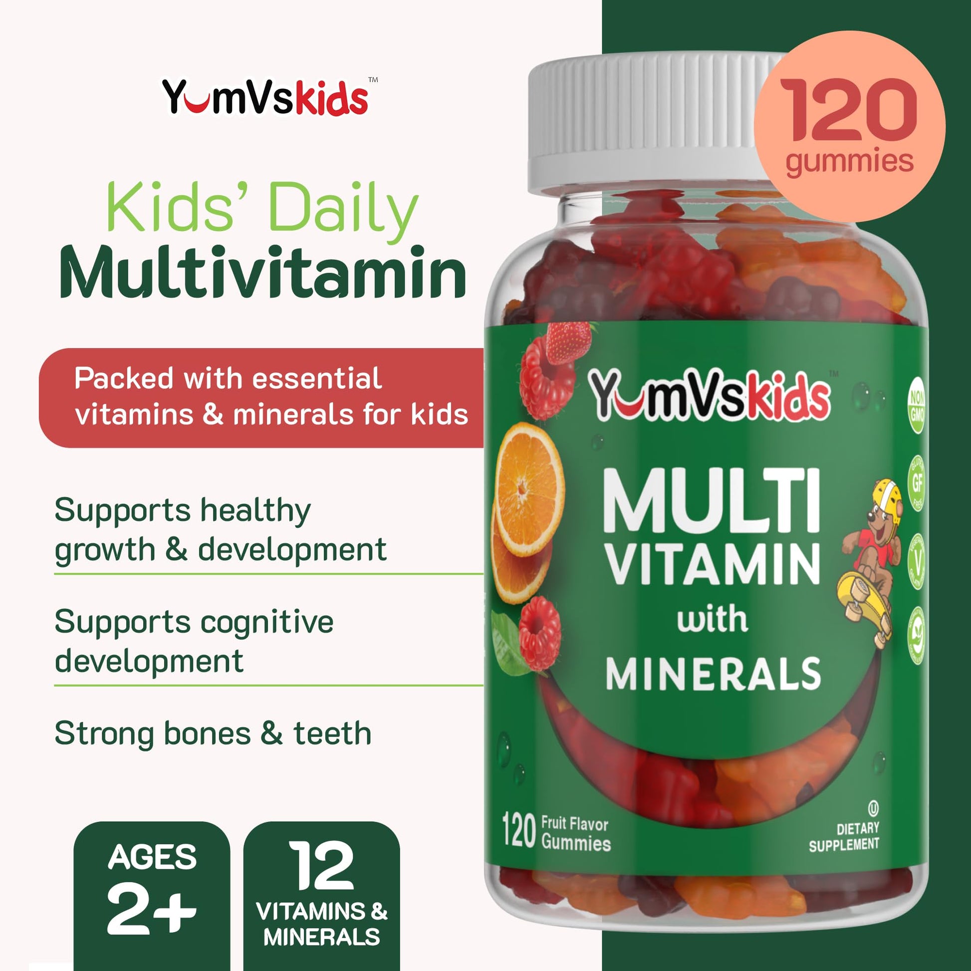 YumVs Kids Multivitamin Gummies - Fruit Flavored Chewable Children's Multivitamin - Kids Vitamins Multivitamin Gummy with 12 Minerals & Vitamins A C D3 E B6 B12 - Kosher Halal Gluten Free (60 Count) - Nirvana Guru