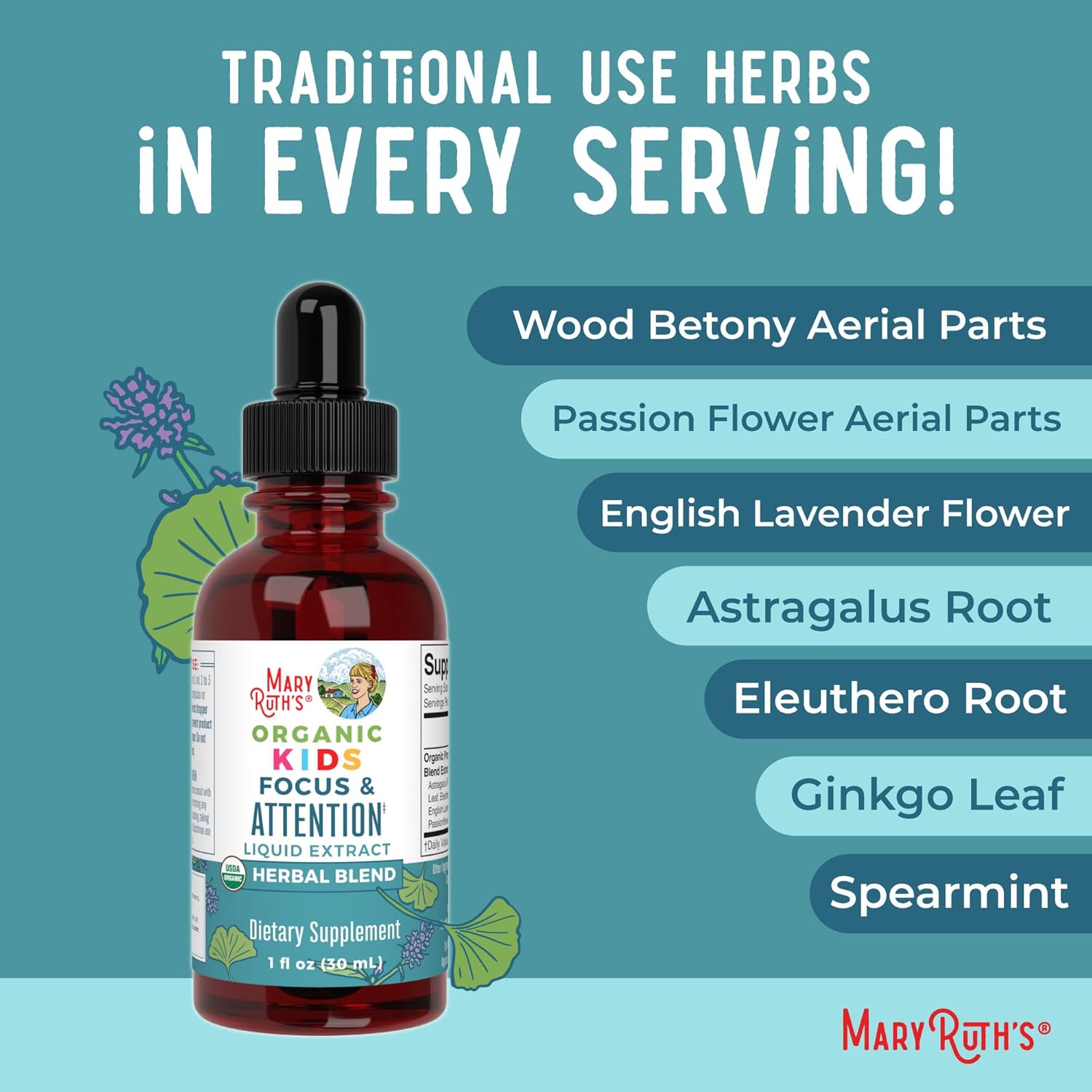 MaryRuth Organics Kids Brain Supplements for Memory and Focus, USDA Organic Drops with Ginkgo Biloba, Rhodiola Root & Licorice Root, Focus & Attention, Calm, Vegan, Non-GMO, Gluten Free, 30 Servings - Nirvana Guru