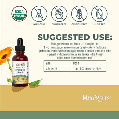 MaryRuth Organics USDA Organic Respiratory Health Liquid Drops with Mullein Leaf | Marshmallow Root & Elderberry | Mullein Drops for Lungs Herbal Blend | Immune Support Supplement | Vegan | 1 Fl Oz - Nirvana Guru