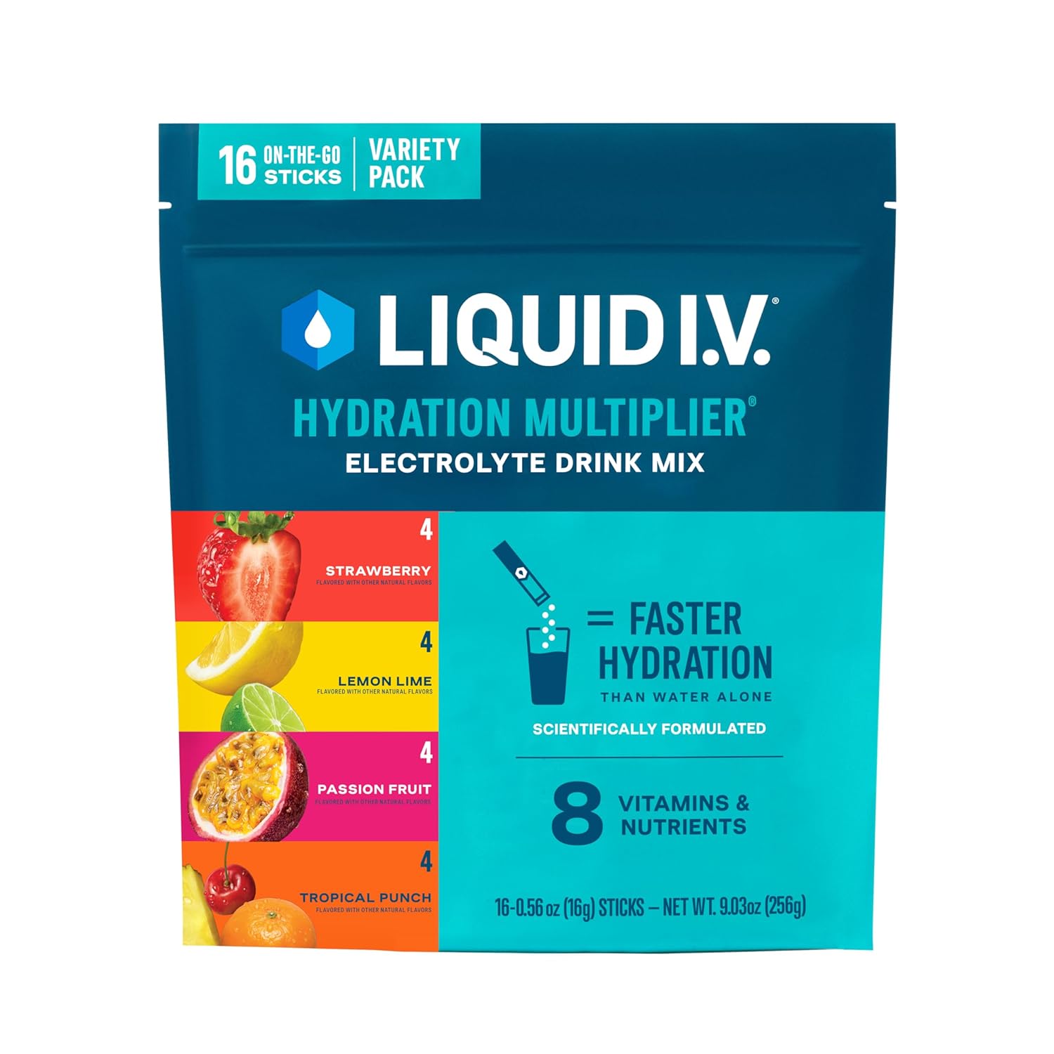 Liquid I.V.® Hydration Multiplier - Variety Pack - Lemon Lime, Passion Fruit, Strawberry, Tropical Punch | Electrolyte Powder Drink Mix | 1 Pack (16 Servings) - Nirvana Guru