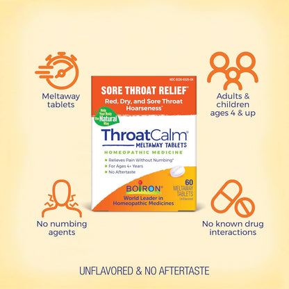 Boiron ThroatCalm Tablets for Pain Relief from Red, Dry, Scratchy, Sore Throats and Hoarseness - 60 Count - Nirvana Guru