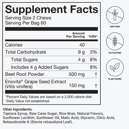 HumanN SuperBeets Heart Chews, Nitric Oxide and Blood Pressure Support, Grape Seed Extract & Non-GMO Beet Root Powder Energy, Pomegranate Berry Flavor, 120 Count - Nirvana Guru
