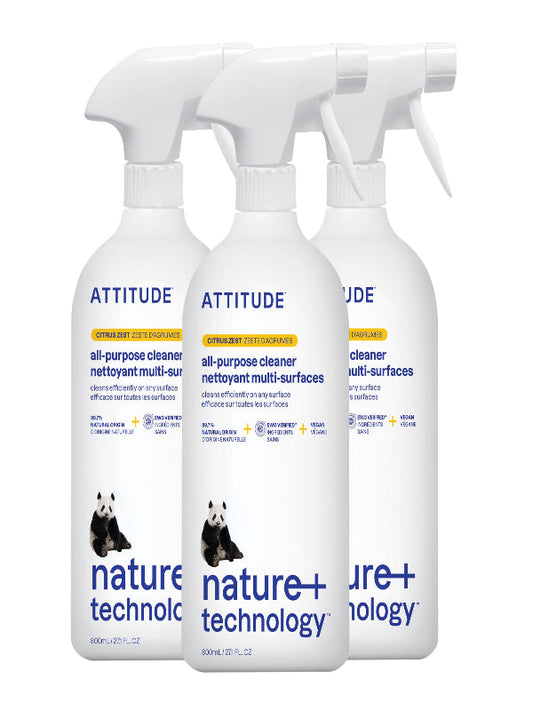 ATTITUDE All Purpose Cleaner Spray, EWG Verified, Vegan, Made with 94% Plant-Based Ingredients, Streak-Free for Kitchen, Bathroom, Glass & More, Citrus Zest Scent, 27.1 Fl Oz Nirvana Guru