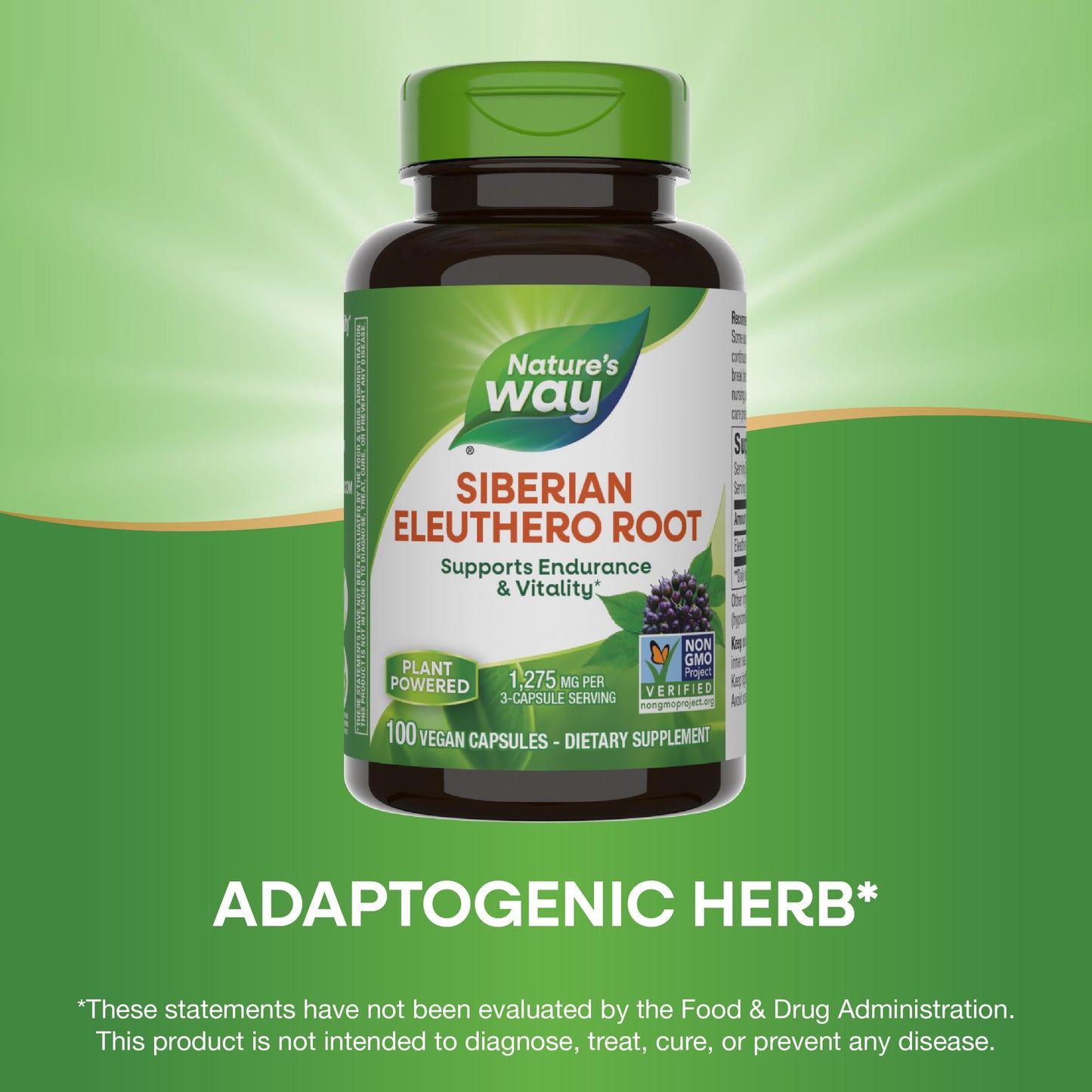 Nature's Way Premium Herbal Siberian Eleuthero Root Supplement, Supports Endurance & Vitality*, Adaptogen*, 1,275mg per 3-Capsule Serving, Non-GMO Project Verified, 180 Capsules (Packaging May Vary)