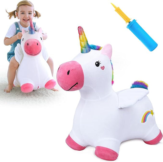 iPlay, iLearn Bouncy Pals Hopping Unicorn Horse, Toddler Girl Inflatable Bouncing Animal Hopper Toy, Outdoor Indoor Plush Ride on Bouncer, Baby Birthday Gift 18 Month 2 3 4 Year Old Kid - Unicorn Nirvana Guru