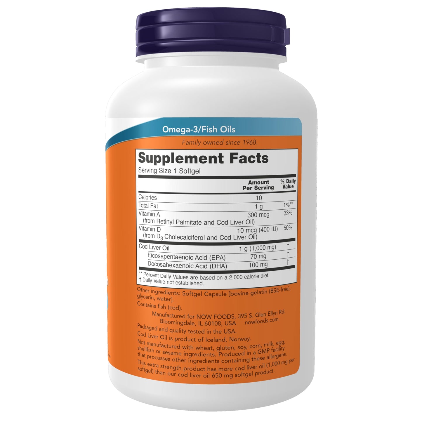 NOW Foods Supplements, Cod Liver Oil, Extra Strength 1,000 mg with Vitamins A & D-3, EPA, DHA, 180 Softgels - Nirvana Guru