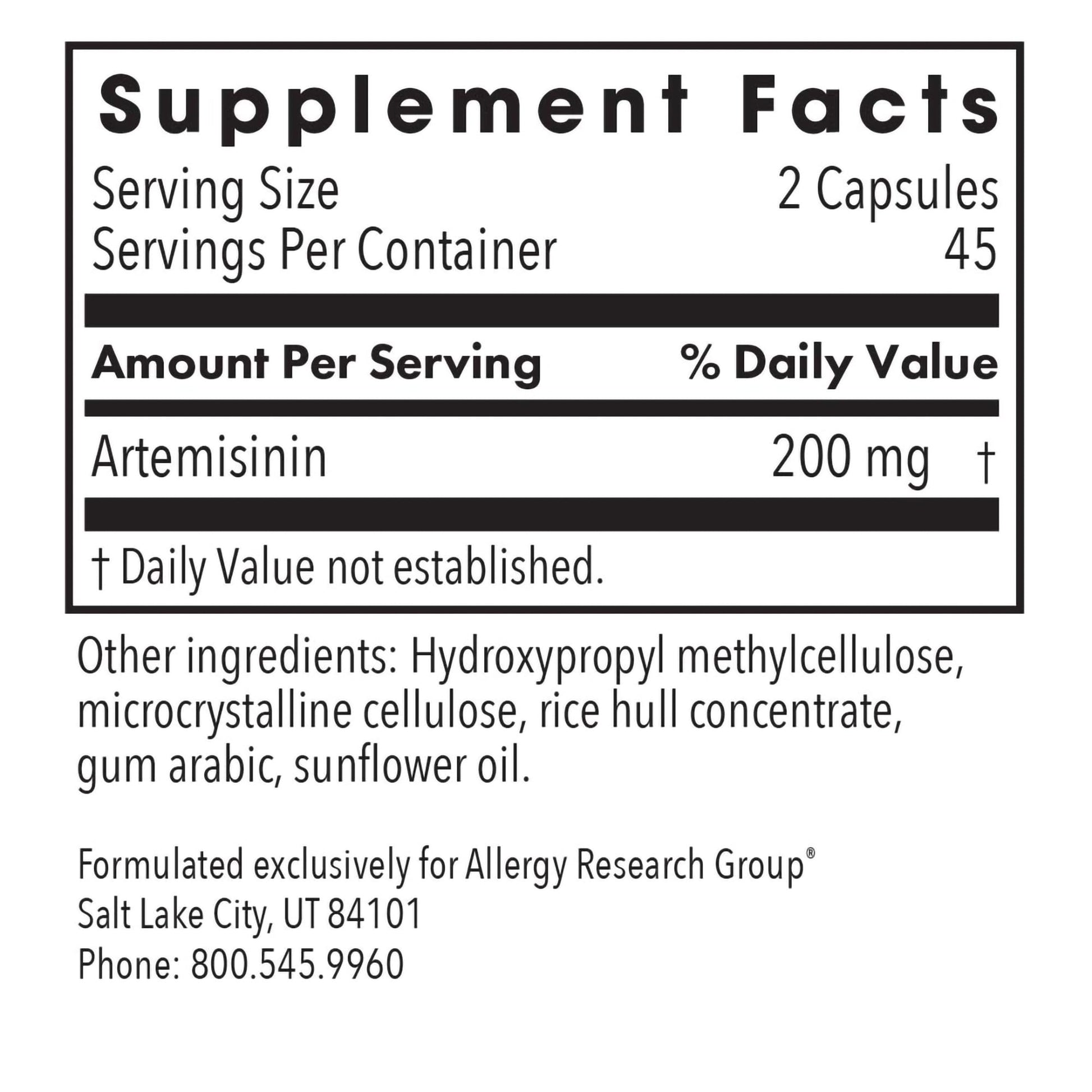 Allergy Research Group Artemisinin Supplement - Pure Sweet Wormwood Extract Artemisinin Capsules for Adults, Natural Immune Support with 200 mg, Digestive Health Support - 90 Vegetarian Capsules Nirvana Guru