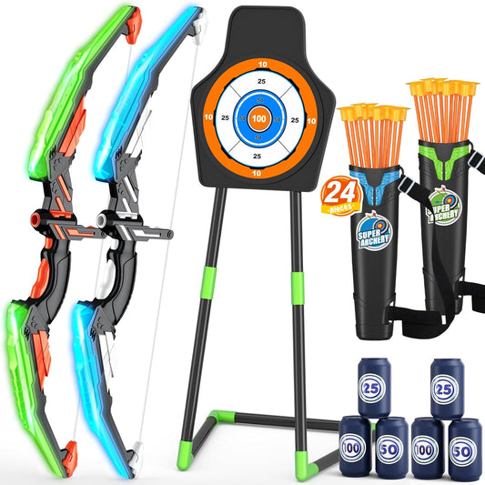 2 Pack Bow and Arrow for Kids, LED Light Up Archery Set with 24 Suction Cup Arrows, 1 Standing Target, 6 Score Targets & 2 Quiver, Indoor Outdoor Sport Gifts for Boys Girls Ages 4-8 Nirvana Guru