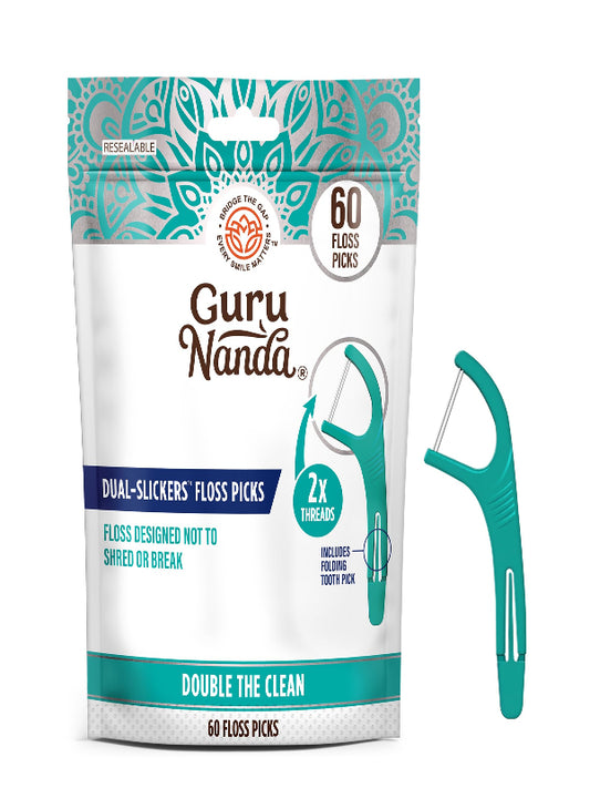 GuruNanda Dual Slickers Floss Picks - Double Threaded Dyneema Dental Floss with Foldable Toothpick for Effective Plaque Removal - Unflavored- 60 Ct Nirvana Guru