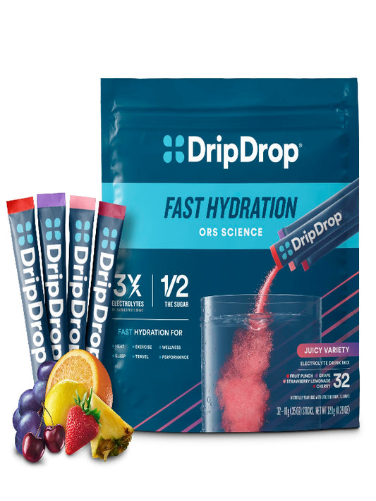 DripDrop Hydration Packets - Juicy Variety Pack - Single Serve Electrolytes Powder Drink Mix - Grape, Fruit Punch, Strawberry Lemonade, Cherry - Non-GMO, Gluten Free, Vegan - 16 Sticks - Nirvana Guru
