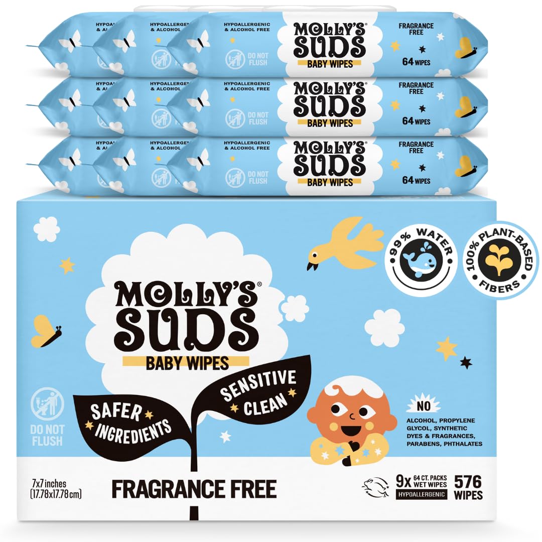 Molly's Suds Sensitive Clean Baby Wipes | 99% Water, Plant-Based, Fragrance Free | 576 Total Wipes (9 Flip-Top Packs) Nirvana Guru