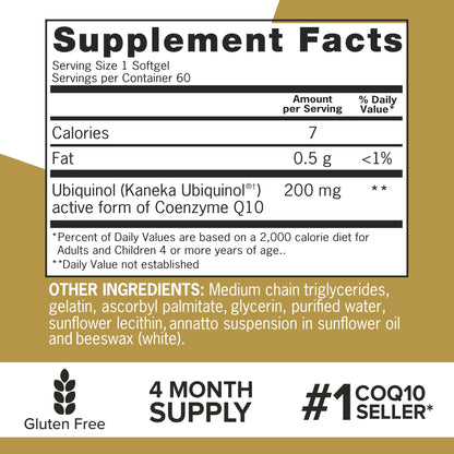 Qunol Ubiquinol CoQ10 200mg Softgels, Powerful Antioxidant for Heart and Vascular Health, Essential for Energy Production, Natural Supplement Active Form of CoQ10, 60ct Softgels Nirvana Guru
