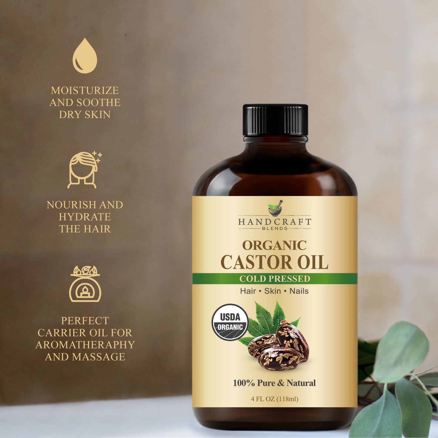 Handcraft Blends Organic Castor Oil - 16 Fl Oz - 100% Pure and Natural - Premium Grade Carrier Oil for Hair Growth, Eyelashes and Eyebrows - Hair and Body - Expeller-Pressed & Hexane-Free