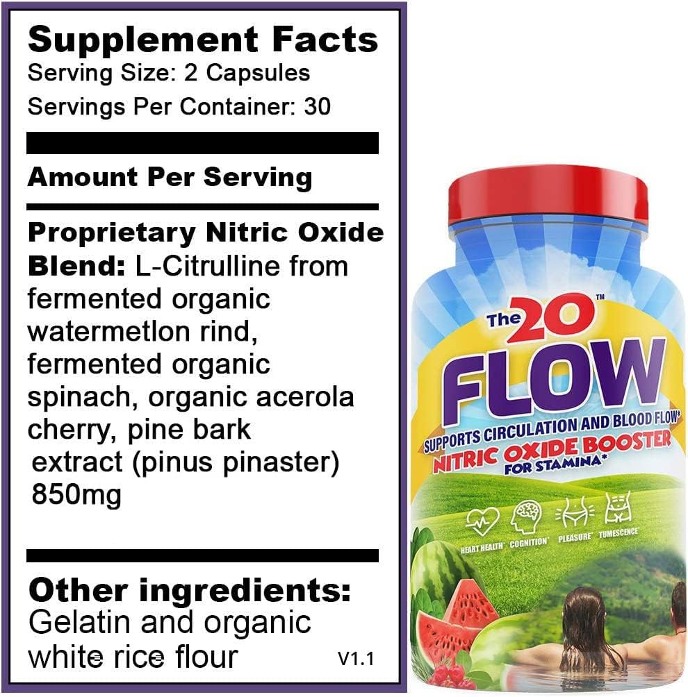 Flow - Nitric Oxide Supplement - 60 Capsules - L-Citrulline from Organic Watermelon, Organic Spinach, and Organic Acerola Cherries - for Heart, Brain, and Overall Health - No Gluten Nirvana Guru