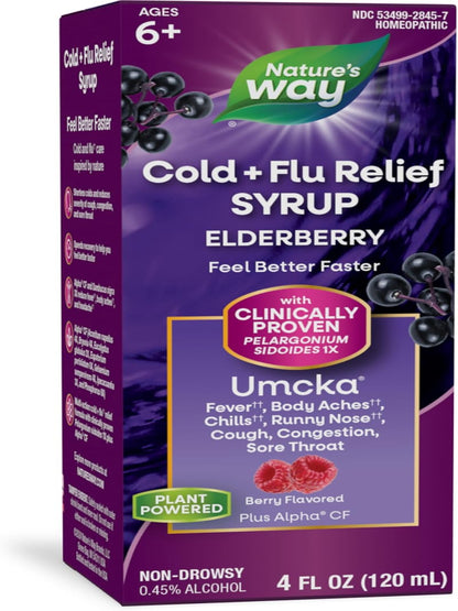 Nature's Way Cold + Flu Relief Syrup*, Umcka, Sore Throat, Cough, Congestion, Fever*, Body Aches*, Phenylephrine Free, Homeopathic, Non-Drowsy, Berry Flavored, 4 Fl Oz (Packaging May Vary) - Nirvana Guru