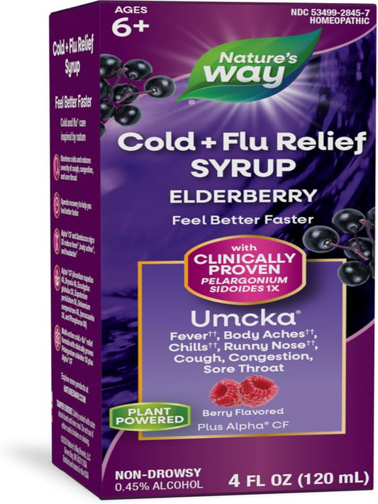 Nature's Way Cold + Flu Relief Syrup*, Umcka, Sore Throat, Cough, Congestion, Fever*, Body Aches*, Phenylephrine Free, Homeopathic, Non-Drowsy, Berry Flavored, 4 Fl Oz (Packaging May Vary) - Nirvana Guru