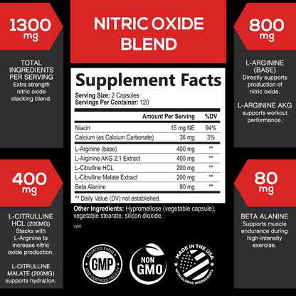 Extra Strength Nitric Oxide Supplement 3X Strength L Arginine, Citrulline Malate, AAKG, Beta Alanine - Premium Muscle Supporting Nitric Booster - Natural Energy & Heart Health Support - 180 Capsules Nirvana Guru