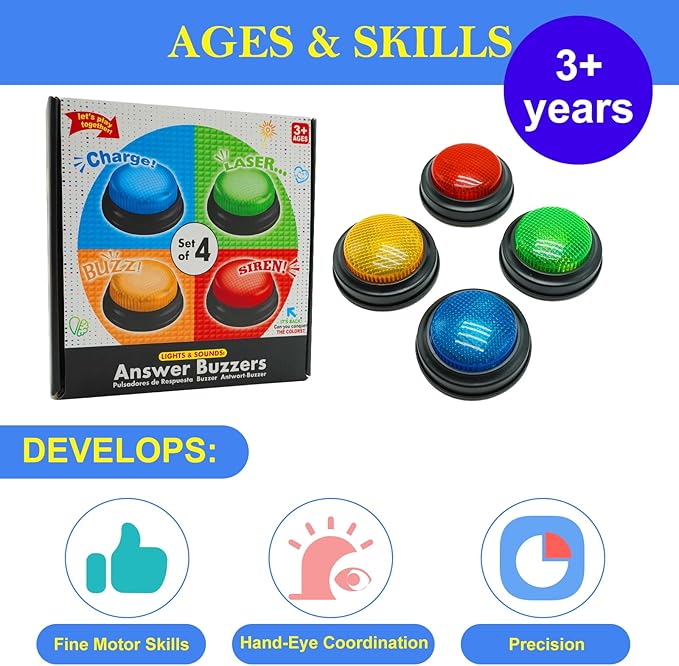 Set of 4 Buzzers for Trivia Games, Answer Buzzers for Classroom, Family Feud Jeopardy Buzzer, Game Buzzers with Lights and Sound for Classroom, Game Show Buzzer Buttons nirvanaguru