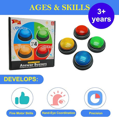Set of 4 Buzzers for Trivia Games, Answer Buzzers for Classroom, Family Feud Jeopardy Buzzer, Game Buzzers with Lights and Sound for Classroom, Game Show Buzzer Buttons nirvanaguru