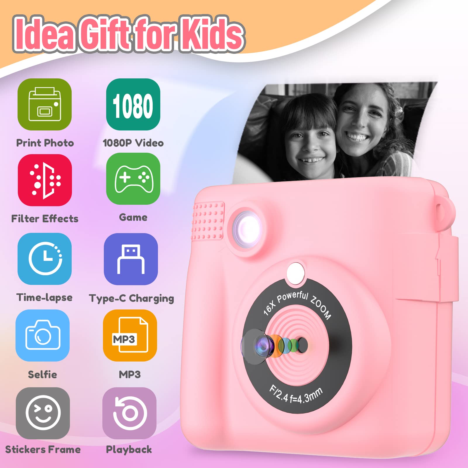 Kids Camera Instant Print, Christmas Birthday Gifts for Kids Age 3-12, Selfie Digital Camera with 1080P Videos,Toddler Portable Travel Cameras Toy for 4 5 6 7 8 9 Year Old Boys Girls-Blue Nirvana Guru