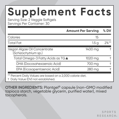 Sports Research Vegan Omega-3 Fish Oil Alternative from Algae Oil - Highest Levels of DHA & EPA Fatty Acids | Non-GMO Verified & Vegan Certified - Fresh Lemon Scent - 60 Veggie Softgels - Nirvana Guru